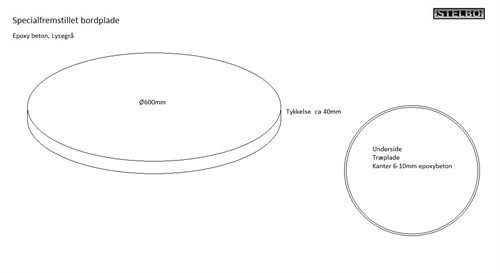20180515 Specialfremstillet bordplade. Epoxy-beton lysegrå. Ø600x40mm