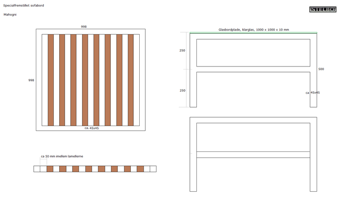 20201201 Specialfremstillet Sofabord i mahogni, med tonet glas