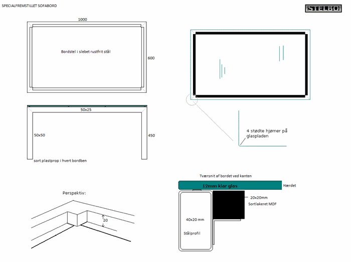 20170420 Specialfremstillet sofabord med glasplade. 100x60cm, højde45cm. Rustfrit stål med sortlakeret MDF-stænger
