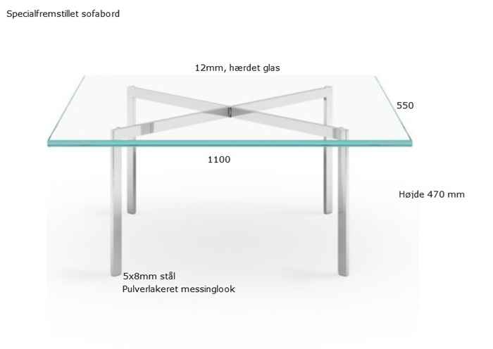 20210719 Specialfremstillet sofabord 110x55x47, glas og messinglook