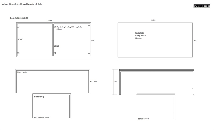20170925 Specialfremstillet sofabord med betonbordplade. Slebet rustfrit stål.