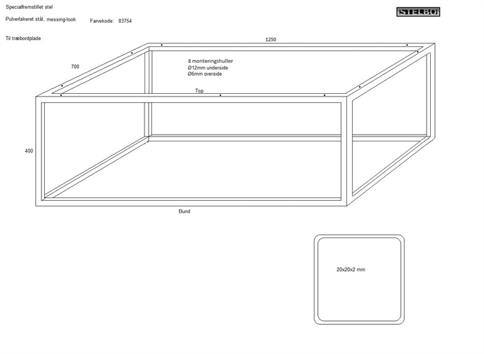 20191114 Specialfremstillet bordstel. Pulverlakeret messing look. 1250x700x400-20x20