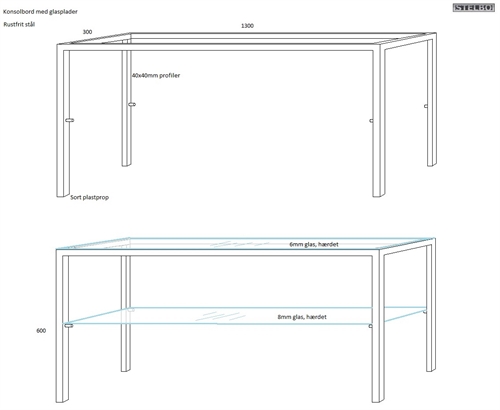 20170112 Specialfremstillet konsolbord med glas, Rustfrit stål. 130x30x60cm