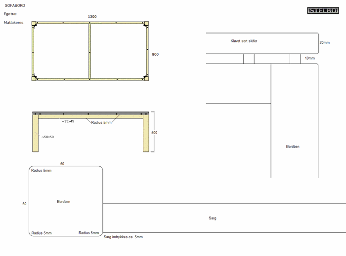 20210125 Specialfremstillet Sofabord 130x80x50cm. matlakeret Eg med kløvet skifer
