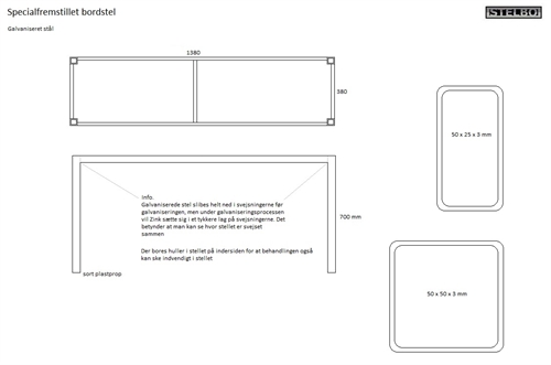20180502 Specialfremstillet bordstel i galvaniseret stål. 1380x380mm, 50x50 + 50x25mm