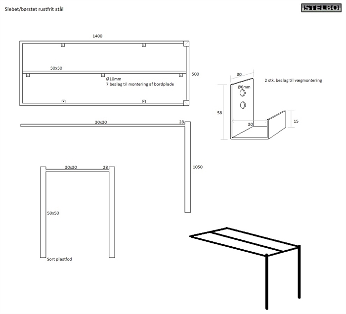 20161118 Specialfremstillet bordstel, Rustfrit stål, 140x50x105cm. Ex fragt