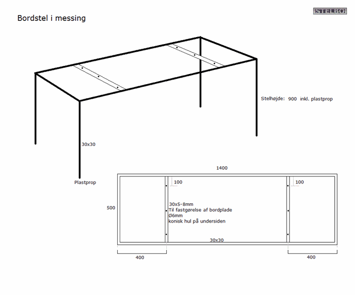 20200817 Specialfremstillet bordstel, Messing. 1400x500x900-30x30. ex fragt
