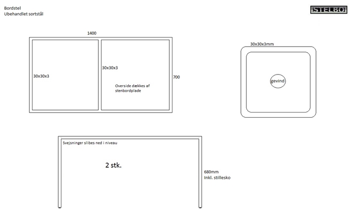 20170725 Specialfremstillet bordstel i ubehandlet sortstål, 30x30mm, 2 stk.