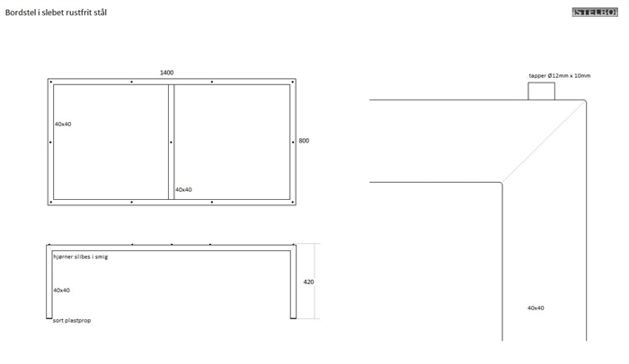 20170626 Specialfremstillet bordstel. 1400x800x420mm, 40x40mm Slebet rustfrit stål