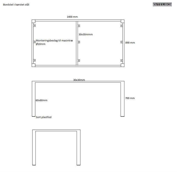 20161104 Specialfremstillet bordstel, 1400x890x700, Rustfrit stål. ex fragt