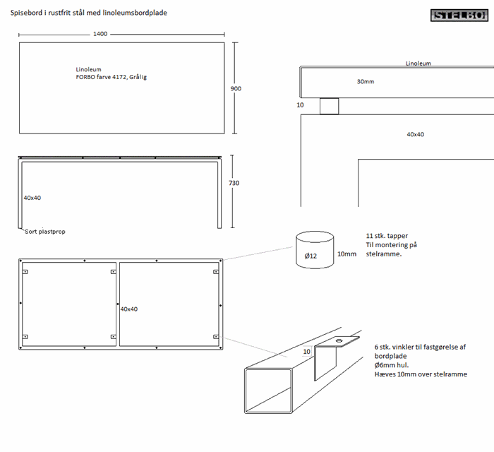 20161110 Specialfremstillet bord i rustfrit stål og linoleumsbordplade. 140x90cm, Ex fragt