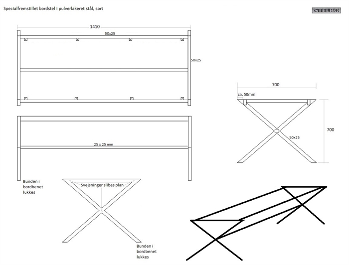 20170929 Specialfremstillet bordstel. 1410x700x700mm, Sortlakeret