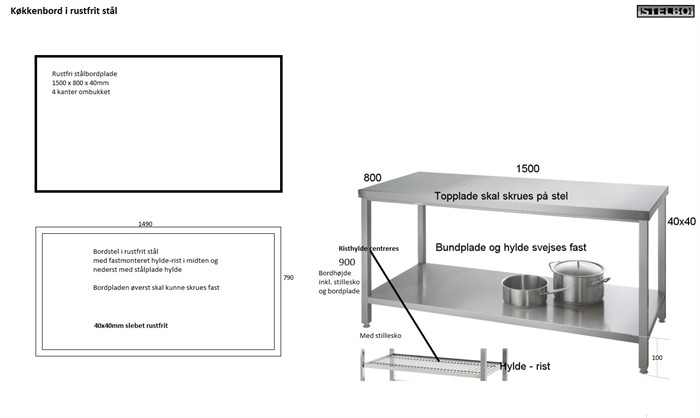 20170626 Specialfremstillet køkkenbord. 1500x800x900mm, 40x40mm Slebet rustfrit stål, 2 hylder