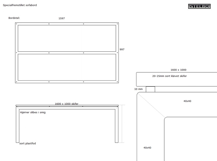 20210305 Specialfremstillet sofabord. Rustfrit stål med sort skifer. 160x100