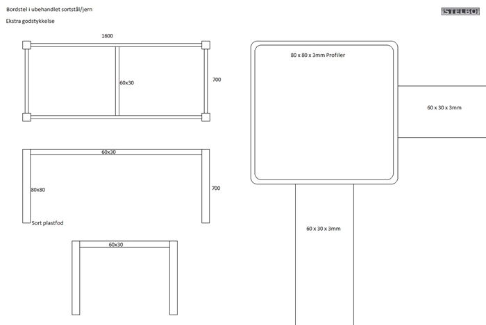 20161104 Specialfremstillet bordstel, 1600x700x700, Sortstål, ex fragt