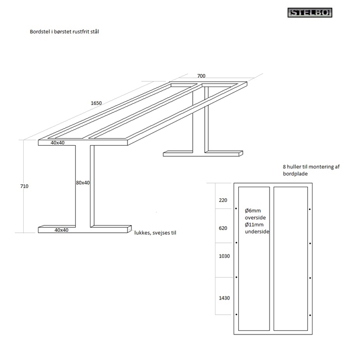 20160621 Specialfremstillet bordstel. 1650x700x710, Rustfrit stål, ex fragt