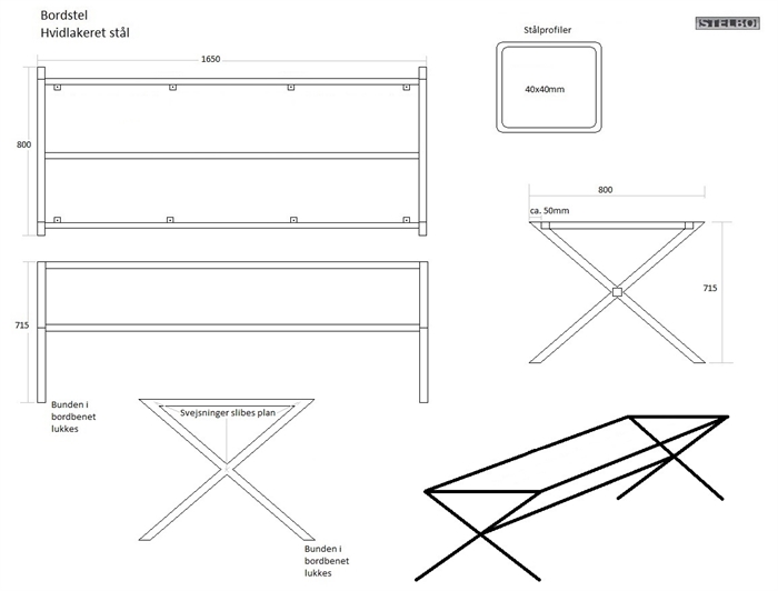 20170104 Specialfremstillet bordstel, Hvidlakeret krydsstel. 1650x800mm