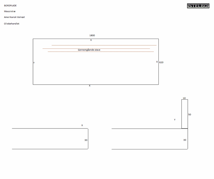 20170424 Specialfremstillet bordplade 180x62x3cm, Am. Valnød, gennemg. stave