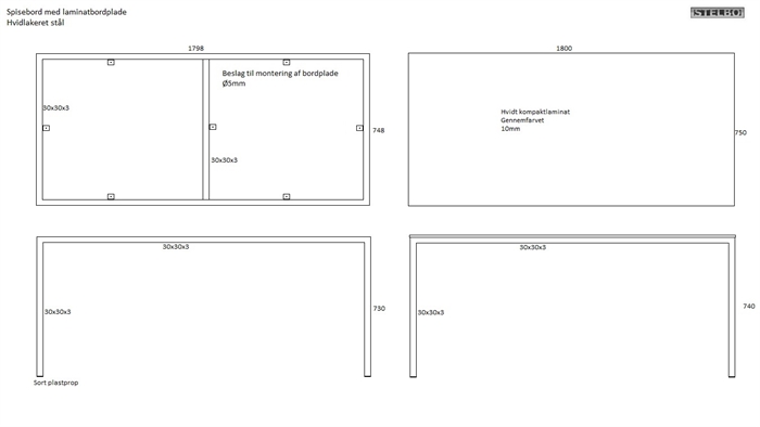 20170508 Specialfremstillet Spisebord med hvidt kompaktlaminat. 180x75x74cm. Hvidt stel 30x30mm