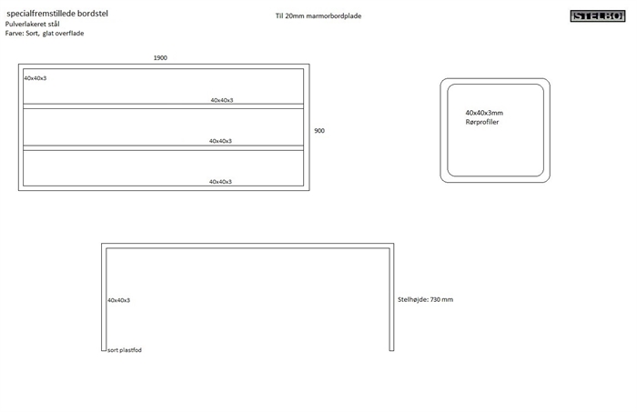20171116 Specialfremstillet bordstel i pulverlakeret sortstål, 190x90x73cm i 40x40mm stål