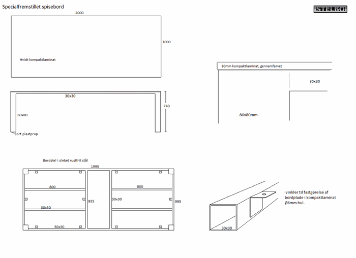 20170912 Specialfremstillet spisebord. Rustfrit stål og hvidt kompaktlaminat. 200x100x74cm
