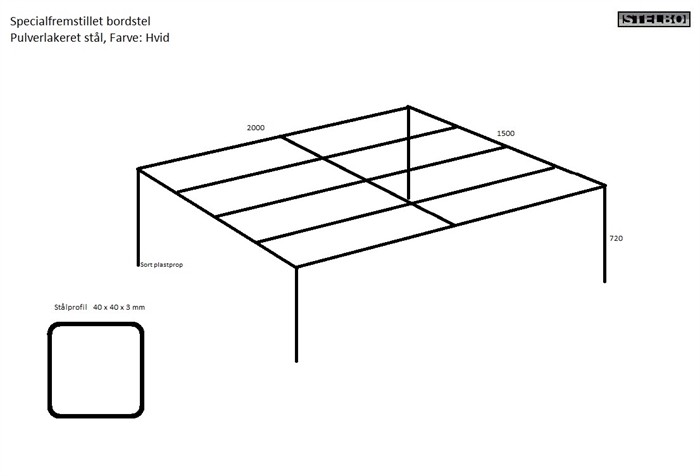 20180220 Specialfremstillet bordstel, 200x150x72, hvidlakeret 40x40x3mm