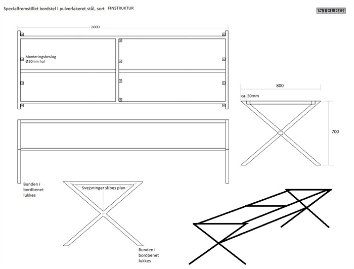 20180130 Specialfremstillet bordstel, 2000x800x800mm