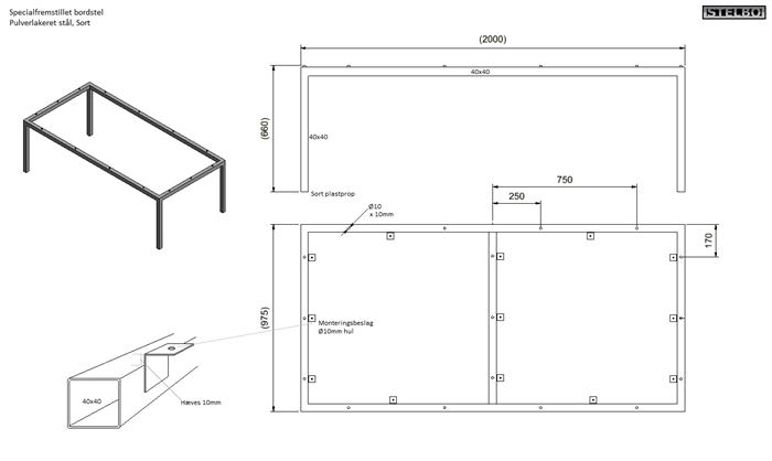 20170619 Specialfremstillet bordstel. 2000x975x660mm, 40x40mm, sortlakeret stål