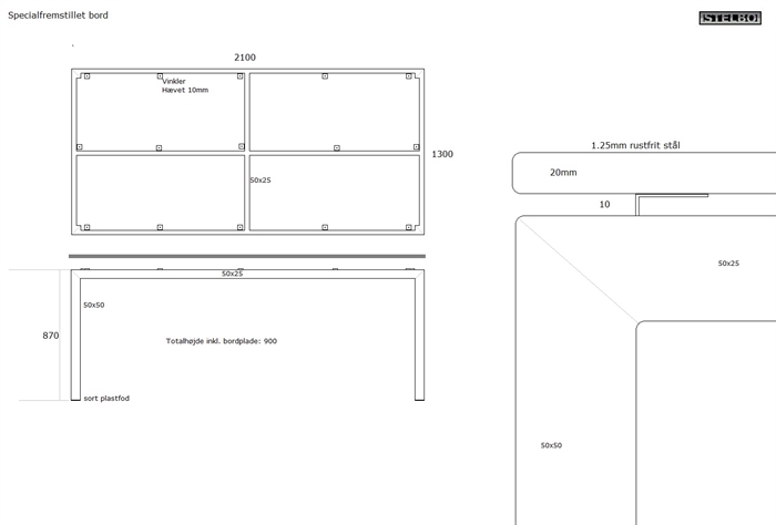 20210919 Specialfremstillet bord i rustfrit stål 2100x1300x900
