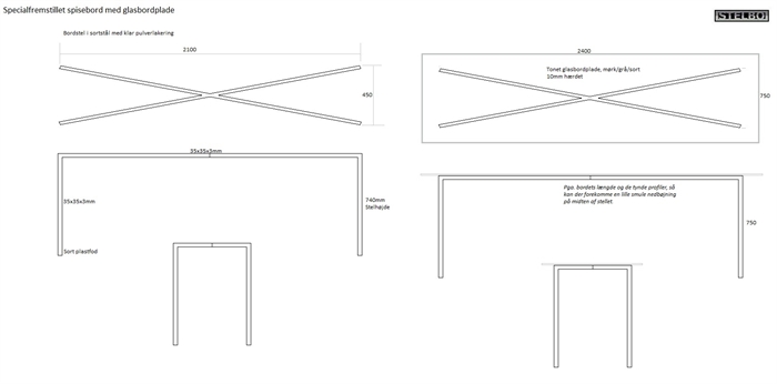 20171010 Specialfremstillet glasbord med tonet glas. Krydsstel i klarlakeret stål.