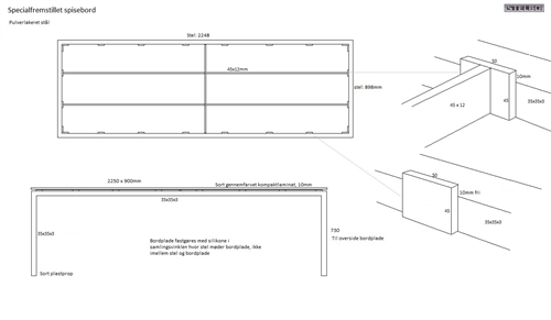 20180420 Specialfremstillet spisebord. Sort kompaktlaminat og pulverlakeret stel i sort 35x35x3mm