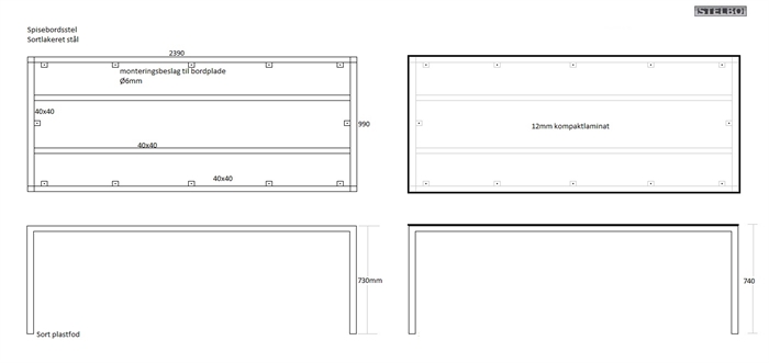 20161223 Specialfremstillet spisebord med kompaktlaminat, 2400x1000mm, ex fragt
