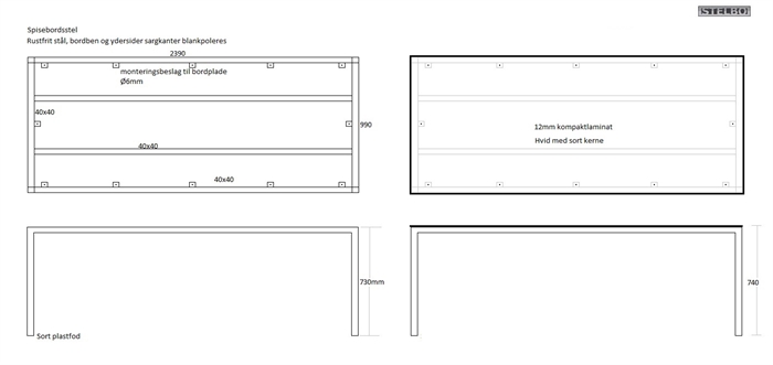 20161229 Specialfremstillet spisebord med kompaktlaminat, 2400x1000mm, ex fragt