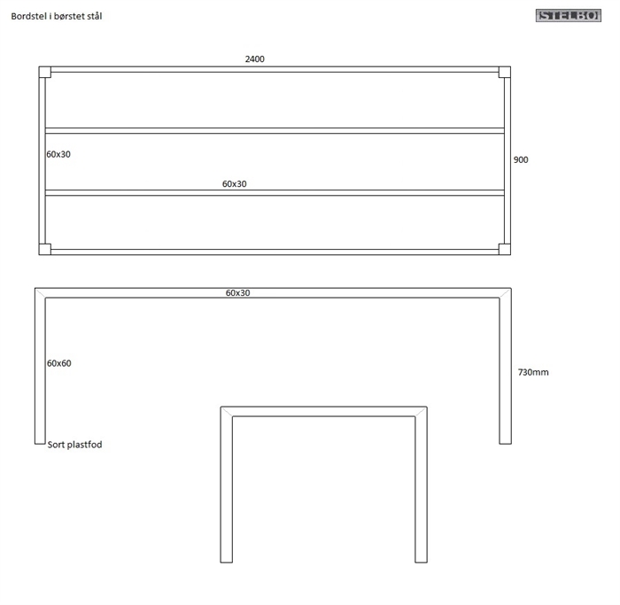 20161107 Specialfremstillet bordstel, 2400x900x730mm_Rustfrit. ex fragt og ex moms 