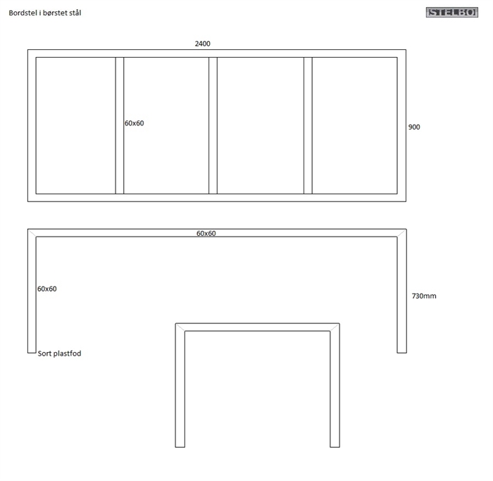 20161104 Specialfremstillet bordstel, 2400x900x730mm_Rustfrit. ex fragt