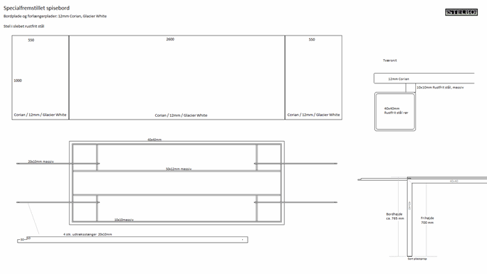 20171229 Specialfremstillet spisebord med Corian bordplader, 260x100cm