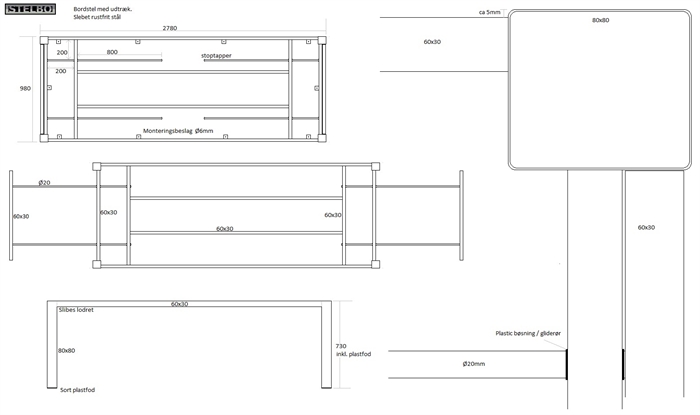 20161219 Specialfremstillet bordstel med udtræk, Rustfrit stål, Ex fragt