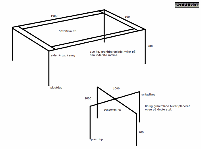 20160315 To stk. specialfremstillet bordstel. Rustfrit stål. Ex fragt