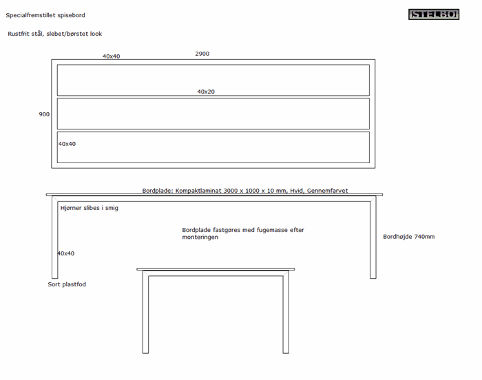 20210215 Specialfremstillet spisebord. Rustfrit stålstel med hvidt kompaktlaminat