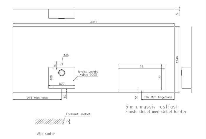 20171023 Specialfremstillet bordplade i massiv rustfrit stål til køkken. 