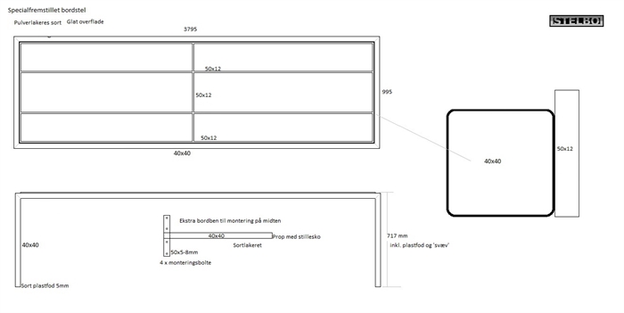 20180731 Specialfremstillet Spisebordsstel. Sortlak. 3795x995mm. Levering Aars.