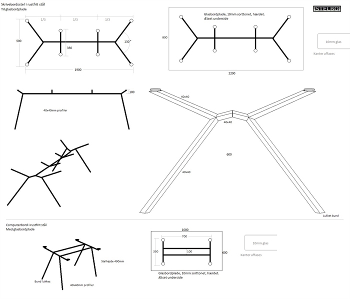 20171016 Specialfremstillet Skrivebord og Computerbord. Rustfrit stål og glasbordplader