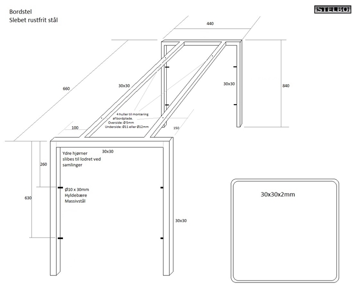 20160803 Specialfremstillet bordstel. 660 x 440 x 840. Rustfrit stål. Ex fragt