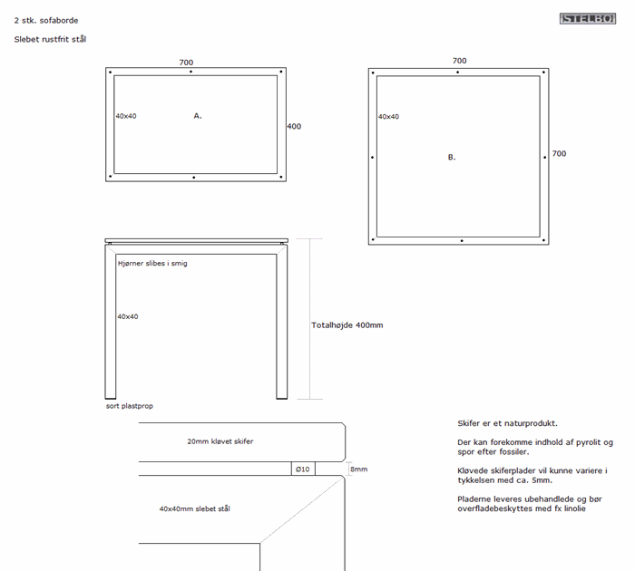 20151201 To specialfremstillet  sofaborde i rustfrit stål og med skifer