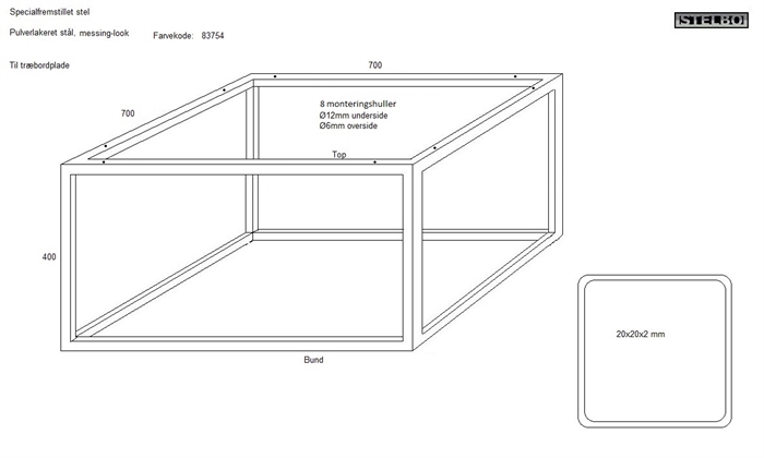 20191021 Specialfremstillet bordstel. Pulverlakeret messing look. 700x700x400-20x20