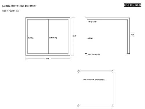 20180515 Specialfremstillet bordstel i rustfrit stål. 749x749x710mm