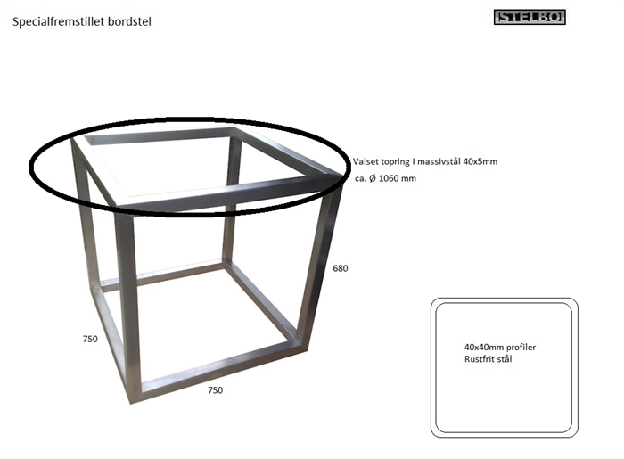 20180411 Specialfremstillet bordstel i rustfrit stål. 75x75x68cm. 40x40mm profiler med topring