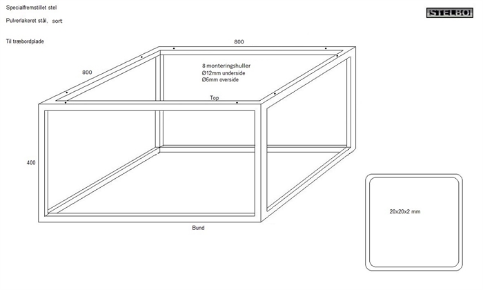 20191230 Specialfremstillet bordstel. Pulverlakeret sort stål. 800x800x400-20x20