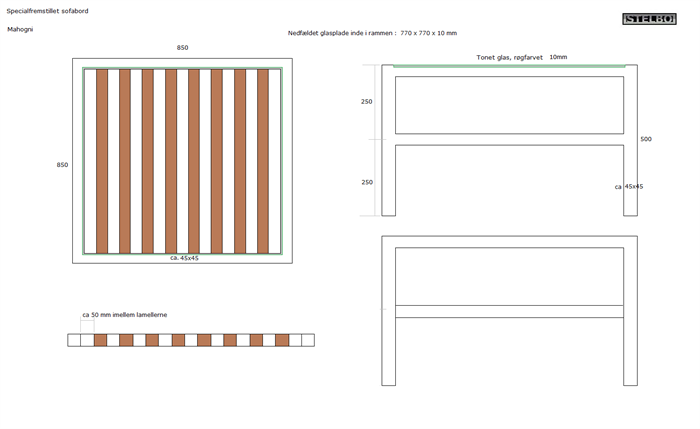 20201116 Specialfremstillet Sofabord i mahogni, med tonet glas