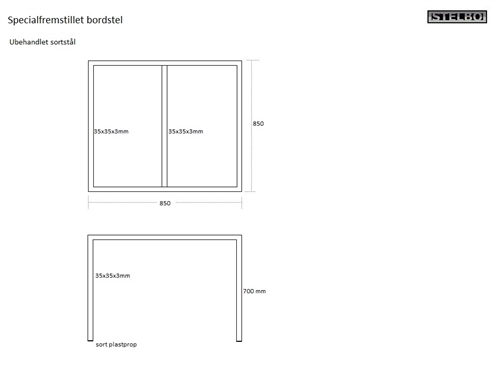 20180507 Specialfremstillet bordstel i ubehandlet sortstål, 850x850x700-35x35x3mm